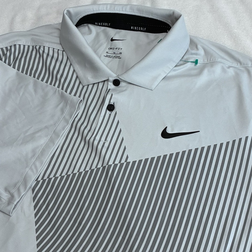 Nike Golf Polo Shirt Mens XL White Gray Dri-FIT Striped Performance Golf